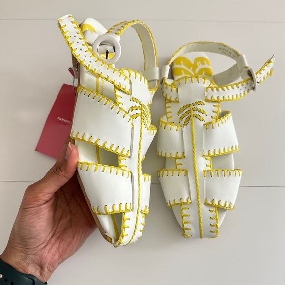 FARM Rio Shoes - NEW Farm Rio Women's Yellow & White Palm Tree Sandals Whipstitch Vegan sz US 9.5